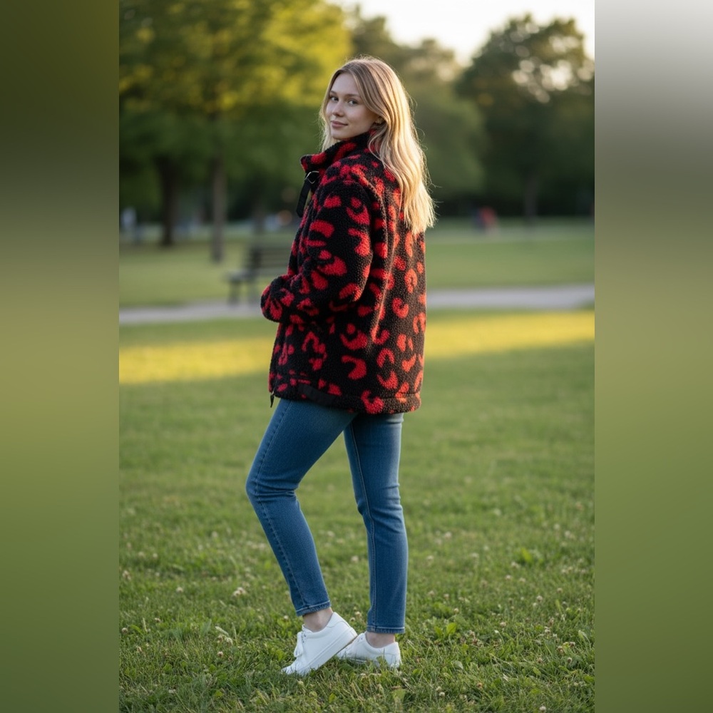 DKNY Black and Red Patterned Sherpa Jacket size Large